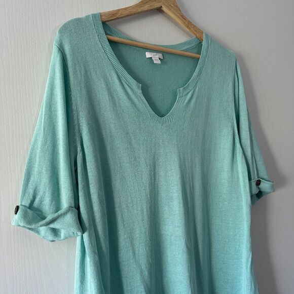 J Jill Womens Knit Tunic Linen Blend Split Neck Half Sleeve Sweater Top Sz Large - Picture 2 of 7